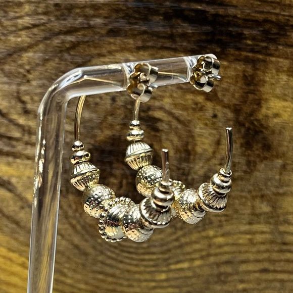 Gold Open Hoops w/ Gold Beads - Picture 2 of 7